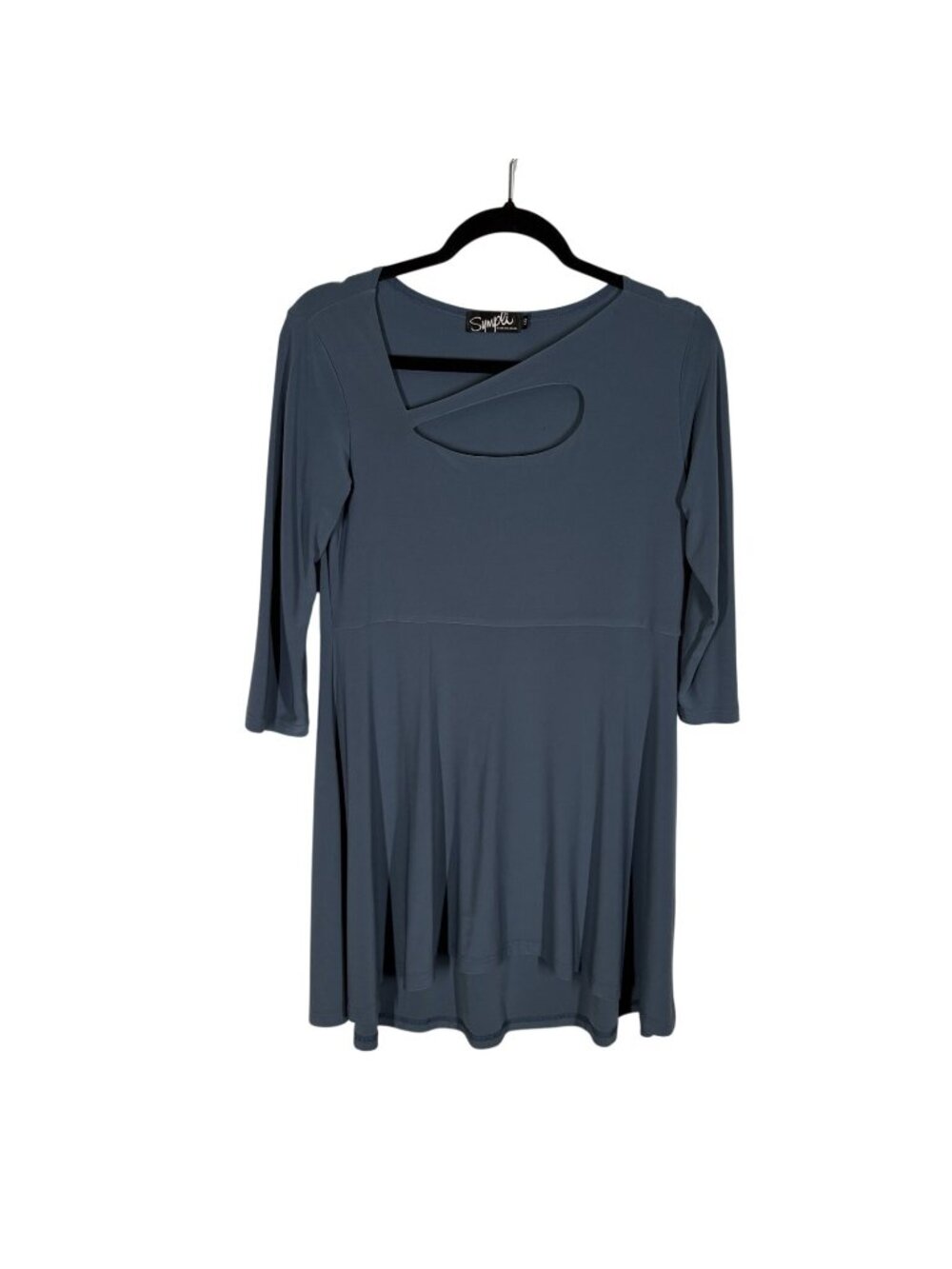 Sympli Women 10 Slate Blue Minimalist Lagenlook Asymmetric Cut Out Halo Tunic